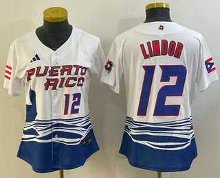 Womens Puerto Rico Baseball #12 Francisco Lindor Number 2023 White World Classic Stitched Jersey